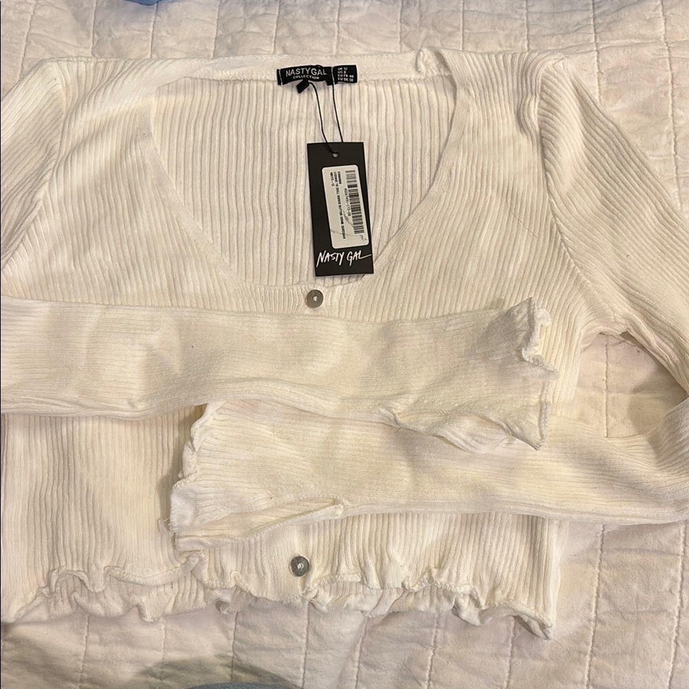 Nasty Gal Cream Ribbed Button Cardigan